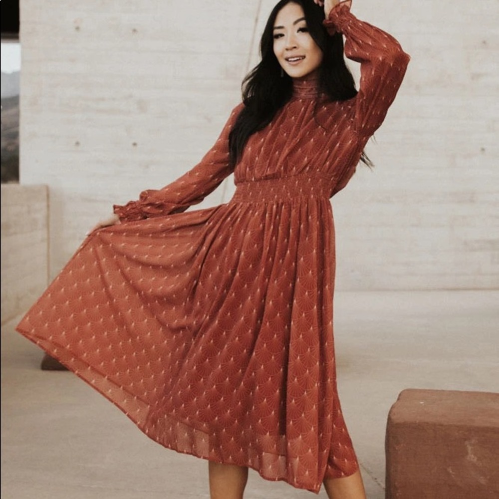 Böhme Art Deco Printed Midi Dress in Rust